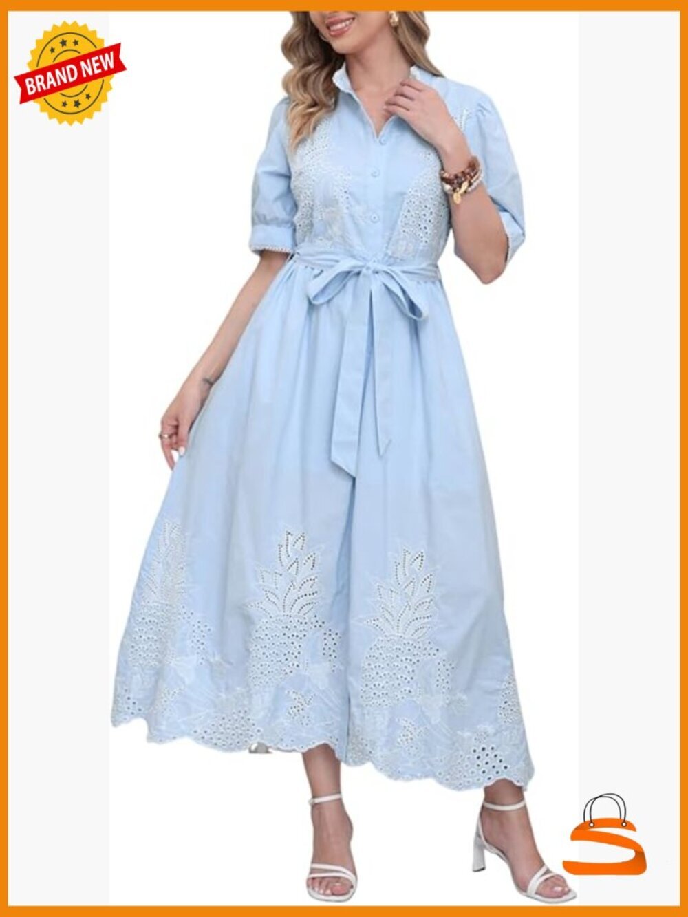 Embroidered Eyelet Cotton Swing Maxi Dress with Belt Puff Sleeve Boho